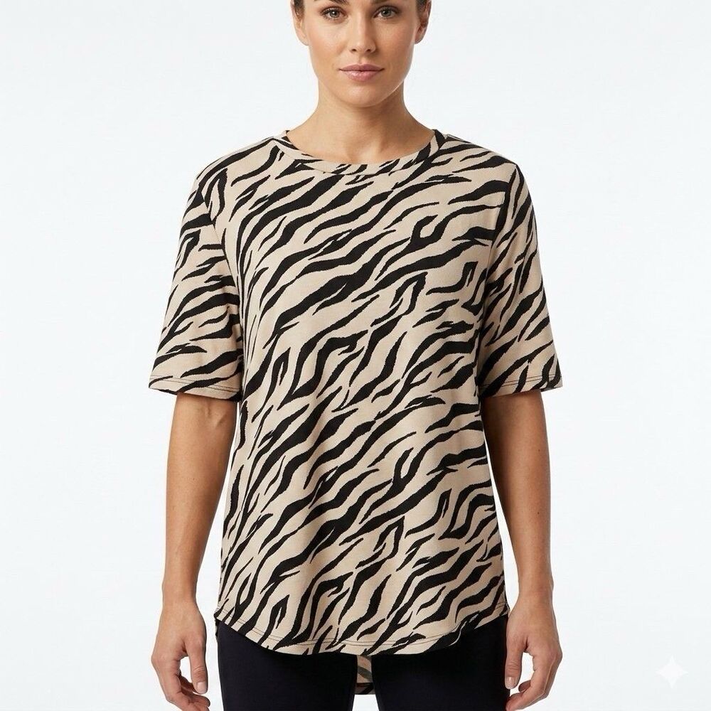 BomBom Womens Black Beige Zebra Print Sweater Short Sleeve Top Size Largr
